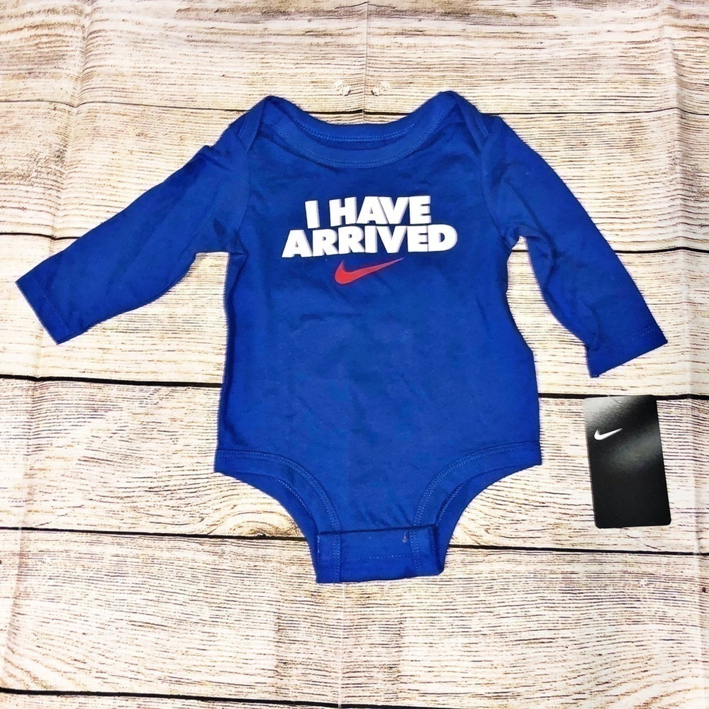 NWT Nike Blue  “I Have Arrived” Long Sleeve Onesie Size 6M